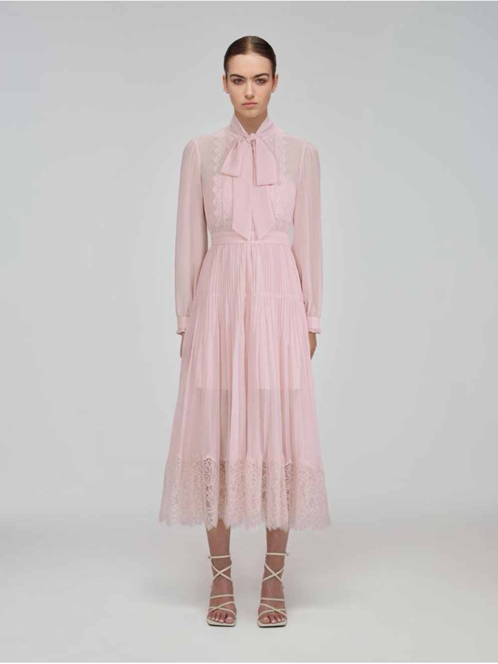 Self-Portrait Pale Pink Chiffon Lace Trimmed Midi Dress – US 6